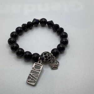 Black Beaded Stretch Bracelet with 'DIVA’ and Crown Charms